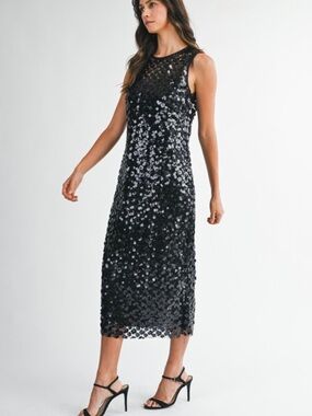 Sleeveless Black Sequin Midi Dress